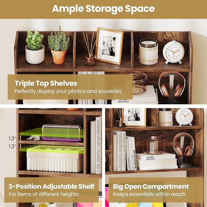 LDAILY 3-Tier Desktop Bookshelf, Wooden Desk Hutch for Computer Monitor Up to 32 Inch, Desk Organizer Shelf with Adjustable Shelf & 6 Storage Shelves, Desk Display Rack for Office Dorm (Rustic Brown)