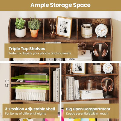 LDAILY 3-Tier Desktop Bookshelf, Wooden Desk Hutch for Computer Monitor Up to 32 Inch, Desk Organizer Shelf with Adjustable Shelf & 6 Storage Shelves, Desk Display Rack for Office Dorm (Rustic Brown)