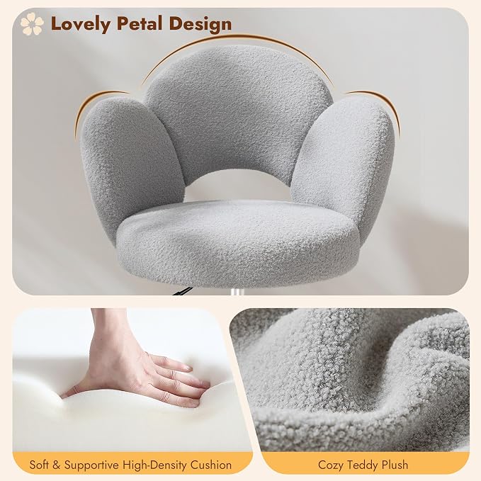 Homkdom Desk Chair with Wheels, 3.94" Thick Comfy Petal Vanity Chair, Swivel Armless Chair with Open Back and Adjustable Height, Ideal for Makeup Study Work and Relaxation, Grey