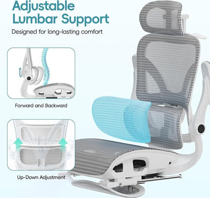 Alllion Ergonomic Mesh Office Chair, Home Desk Chair Comfy High Back with Adjustable Lumbar Support, 3D Headrest, Flip-up Arms, Big and Tall Reclining Computer Gaming Chairs for Men Women, Grey