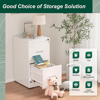 Superday 2 Drawer File Cabinets, 18” D Vertical File Cabinet with Lock, Locking Filing Cabinet for Home Office, White Metal Filing Cabinets for Hanging Letter/Legal Folders, Easy Assemble