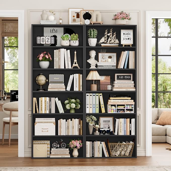 FOTOSOK 6-Tier Open Bookcase and Bookshelf, Freestanding Display Storage Shelves Tall Bookcase for Bedroom, Living Room and Office, Black Set of 2