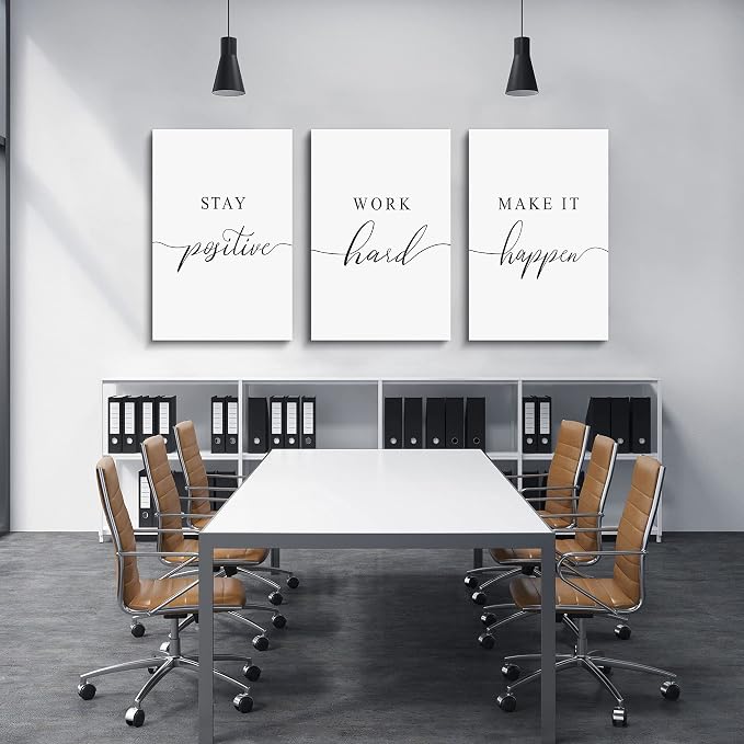 Framed Canvas Wall Art Work Quote, Office Wall Art Decor, Stay positive work hard make it happen, gift for father, boss gift, Inspirational Prints, Motivaional Wall Art (G-3pcs,16x24inchx3pcs)