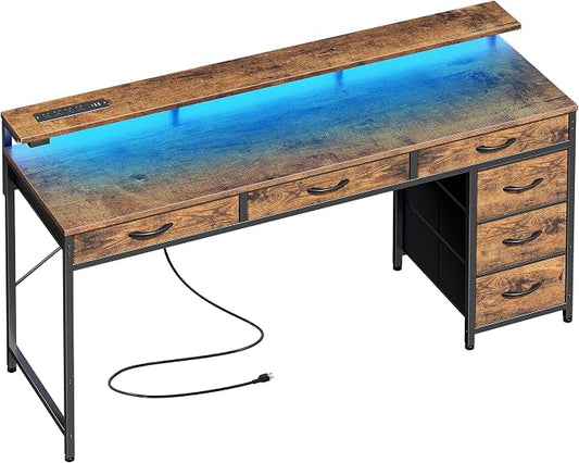 Huuger Gaming Desk with 6 Drawers, Computer Desk with LED Lights Power Outlets and Type-C, 55 Inch Office Desk with Storage, Monitor Stand, Writing Desk for Home Office, Rustic Brown, 1CD102F