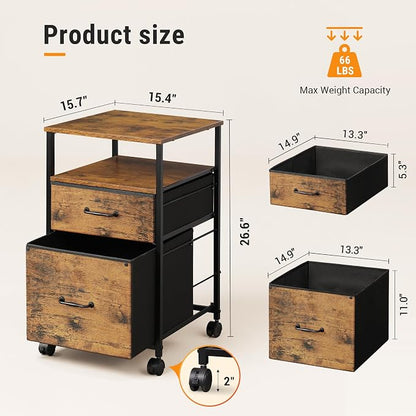 DEVAISE 2 Drawer Mobile File Cabinet, Rolling Printer Stand with Open Storage Shelf, Fabric Vertical Filing Cabinet fits A4 or Letter Size for Home Office, Rustic Brown Wood Grain Print