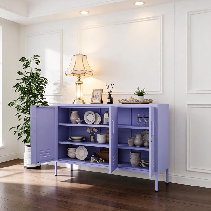Purple Wide 3-Door Accent Cabinet, Lockable Metal Sideboard with Adjustable Shelves, Multifunctional Cabinet for Home Living Room Kitchen Bedroom
