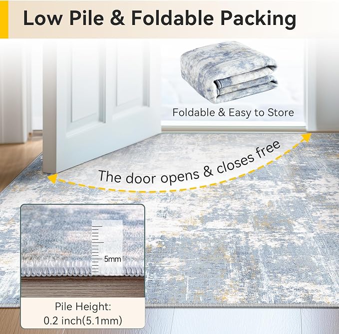 RELEANY Washable Area Rugs 5'x7' Non-Slip Modern Abstract Soft for Living Room Entryway Bedroom Kitchen, Print Pattern, Light Blue