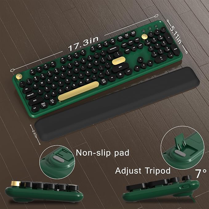 MPTOG Colorful Wireless Computer Keyboard and Mouse Combo with Round Typewriter Keycaps, Retro Design, Power Switch, Ergonomic Design, 2.4GHz Wireless for Windows, Mac, PC(Dark Green)