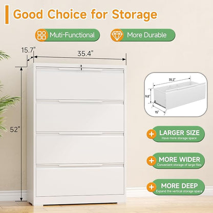 4 Drawer Lateral File Cabinets with Lock,Metal Filing Cabinet for Home Office,Wide Office Storage Cabinet with Hanging Bars for A4 Legal/Letter Size(White-Easy Assembly)
