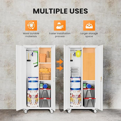 DUMOS Tall Metal Garage Storage Cabinet with Wheels and Adjustable Shelves, 72" Rolling Steel Tool Cabinet with 2 Lockable Doors for Garage, Home, Office, Gym, White