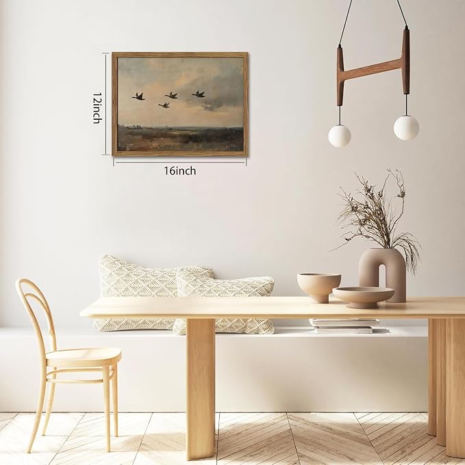 Framed Flying Ducks Canvas Wall Art, Rustic Countryside Landscape Painting, Vintage Birds Poster Print, Modern Farmhouse Ducks Wall Decor for Living Room Bedroom – 12x16 inch