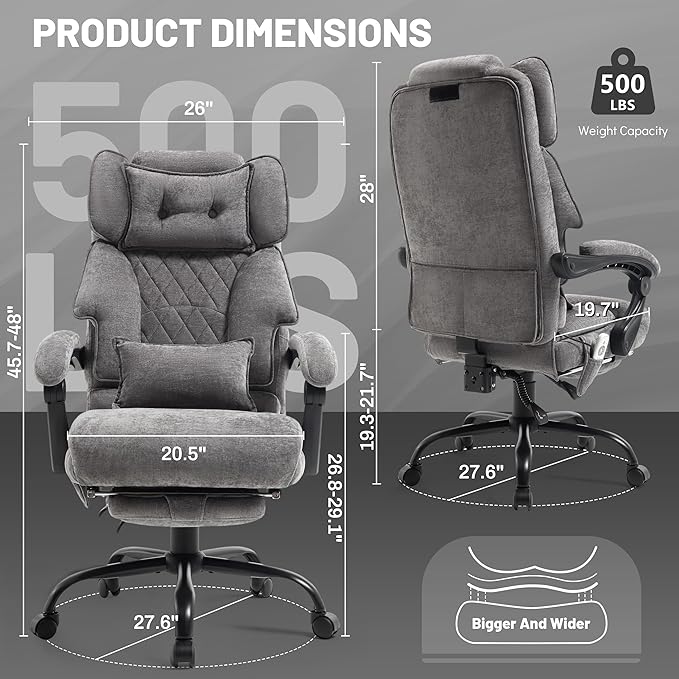 Massage Office Chair with Foot Rest,6 Points Vibration & Heat Executive Office Chairs,Big and Tall Fabric Office Chair 500LBS,Ergonomic Desk Chair for Heavy People,Recliner with Dual-Use Pillow,Grey