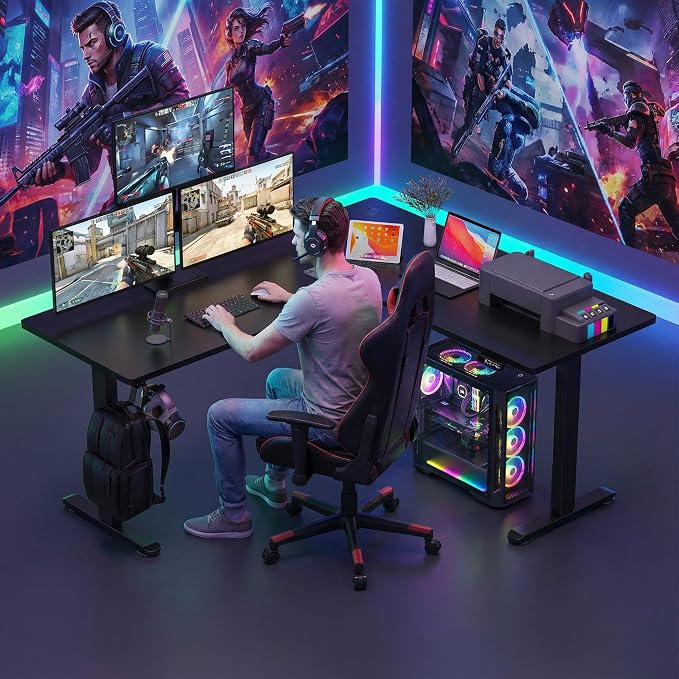 farexon L Shaped Standing Desk Adjustable Height, 63 x 55 Inch Corner Stand up Desk for Home Office with 39x18 in Mouse Pad, Electric Standing Computer Workstation with Headphone Hook,Black