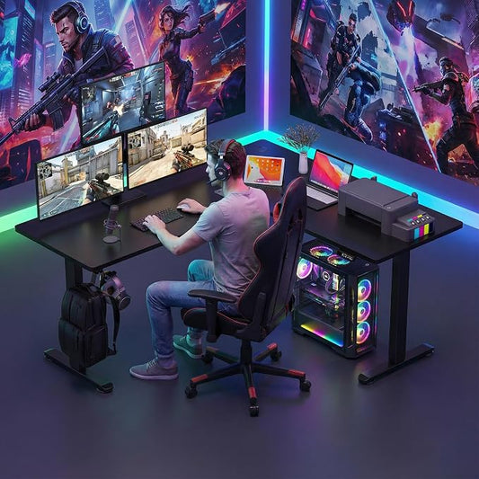 farexon L Shaped Standing Desk Adjustable Height, 63 x 55 Inch Corner Stand up Desk for Home Office with 39x18 in Mouse Pad, Electric Standing Computer Workstation with Headphone Hook,Black