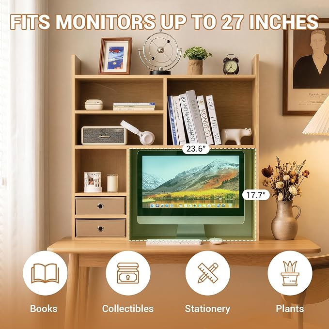 deli Desktop Bookshelf, High-Capacity Desk Hutch Organizer with 7 Shelves and 2 Drawers for Computer Desk, Desk Shelf Organizer for Dorm Office Home, Natural