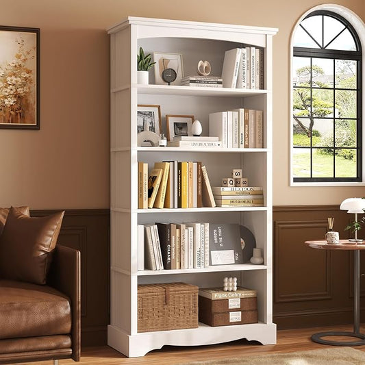 TVU 5-Tier Wooden Bookshelf, 31.5" W x 65" H ×9.9" D Bookshelf with Storage, Floor Standing Modern Style Display Bookcase for Living Room, Office, Study Room, Entryway, White