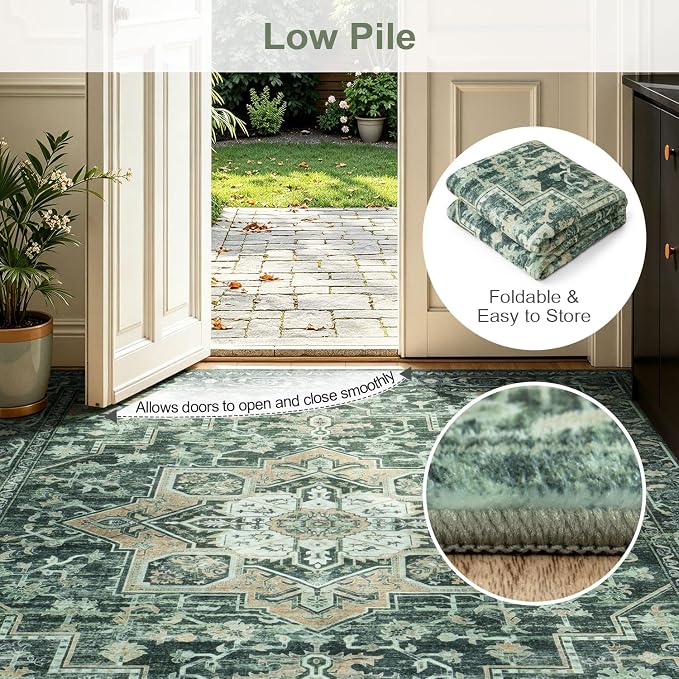 Lofus 8x10 Washable Rugs Non-Slip, Vintage Floral Area Rug for Living Room Bedroom Dining Room Kitchen, Low Pile Distress Print Carpet Home Decor Rug, Octagram Medallion Green
