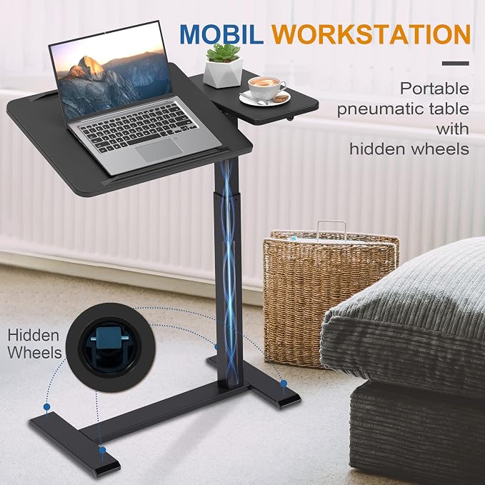 Adjustable Overbed Bedside Table with Hidden Wheels, Pneumatic Tilt Board Rolling Laptop Standing Desk Cart, Mobile Over Bed Sofa Chair Side End Tables, Walnut (Black)
