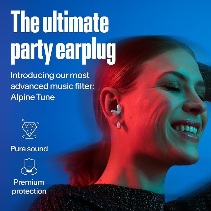 Alpine Tune Earplugs, Concert Ear Plugs for Noise Reduction, High Fidelity Music Quality, 19dB Hearing Protection with Crystal Clear Sound, Incl. 4 Sizes, For Parties, Raves, Festivals & Clubs, Silver