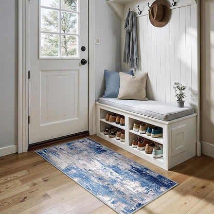 RELEANY Washable Area Rugs 2'x5' Non-Slip Modern Abstract Soft for Living Room Entryway Bedroom Kitchen, Print Pattern, Blue Grey Navy Gray
