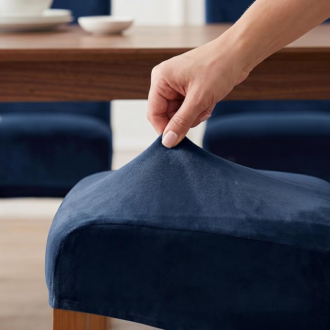 Deisy Dee Stretch XL/Oversized Extra Large Velvet Dining Room Chair Covers for Kitchen Dining，Removable Washable Chair Protectors Slipcovers (Navy, 4)