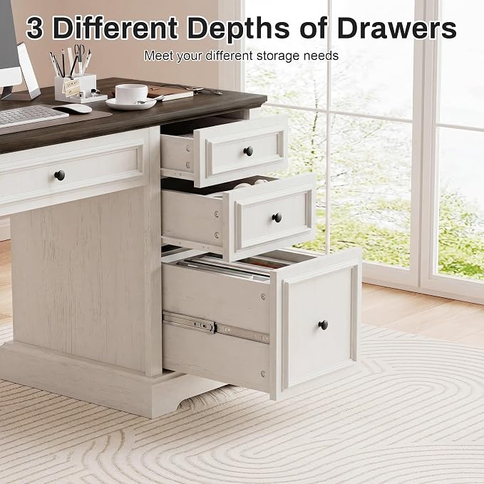 Vipbear 60" Farmhouse Executive Desk with Drawers and Cabinet, Embossed Texture Wood Home Office Desk, Rustic Computer Writing Desk, Workspace for Work Study Writing, White