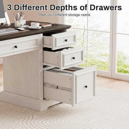 Vipbear 60" Farmhouse Executive Desk with Drawers and Cabinet, Embossed Texture Wood Home Office Desk, Rustic Computer Writing Desk, Workspace for Work Study Writing, White