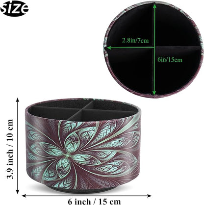 lizimandu Round Leather Art Supply Organizer,Remote Control Holder,360 Degree Rotating,Multi-Functional Pencil Holder,4 Compartments Desktop Stationary Organizer(1-Green Flower)