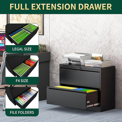 2 Drawer Lateral File Cabinet with Lock, Metal Lateral File Cabinets for Home Office, Steel Heavy-Duty Filing Storage Cabinet for Letters/Legal/A4 (Require Assembly, Black)