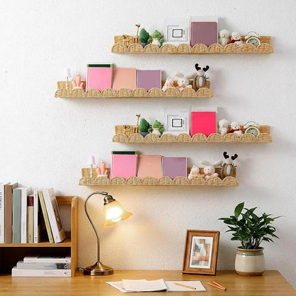 Pinkunn 4 Pcs Nursery Book Shelves 35.4 Inch Rattan Scalloped Floating Bookshelves Wicker Boho Book Shelf for Wall Mounted Decor Nursery Rooms Hanging