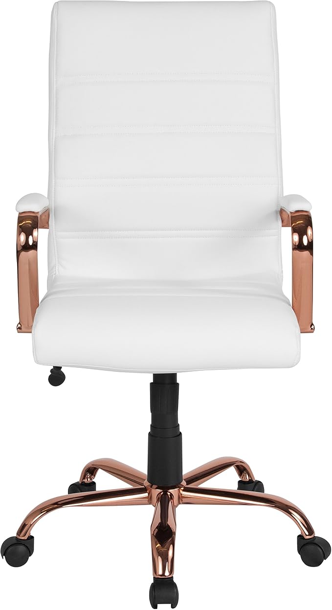 Merrick Lane Milano Contemporary High-Back White Faux Leather Home Office Chair with Padded Rose Gold Arms