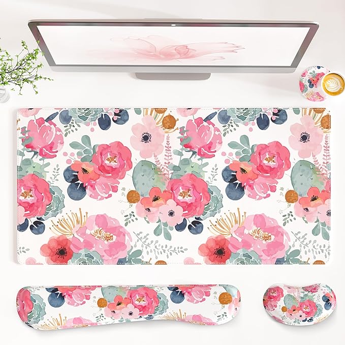 QIYI Leather Desk Mat Set, 4-in-1 Large Mouse Pad with Ergonomic Wrist Rest, Waterproof Desk Pad + Keyboard Wrist Rest + Mouse Wrist Support + Coaster, Non-Slip Office Gaming Accessories, Pink Flowers