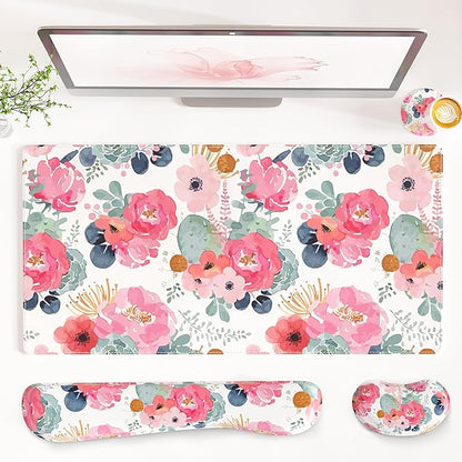 QIYI Leather Desk Mat Set, 4-in-1 Large Mouse Pad with Ergonomic Wrist Rest, Waterproof Desk Pad + Keyboard Wrist Rest + Mouse Wrist Support + Coaster, Non-Slip Office Gaming Accessories, Pink Flowers