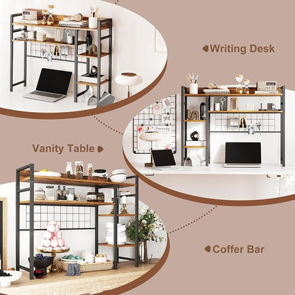 WAYTRIM Desk Shelf, Wood Desk Organizer Shelf 4 Tier Countertop Desktop Bookshelf Cubicle Storage Rack Top of Desk, Desk Hutch Dorm for Top of Desk Pegboard Hooks Set Desktop Display Rack (Brown)
