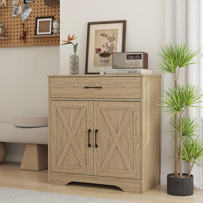 Panana Wooden Cabinet 1 Drawer and 2 Doors Storage Cupboard Coffee Bar Sideboard Farmhouse Entryway Organizer Console (Nature)
