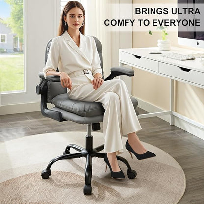 VECELO Ergonomic Swivel Office Desk Chair with Flip-up Armrest and Adjustable Height, Lumbar Support & PU Leather Thickened Cushion, for Computer Task Work, Gray