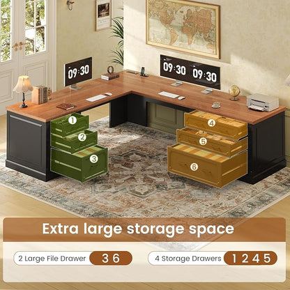 SEDETA Farmhouse 78.8" L Shaped Desk with 6 Drawers, Home Office Desk with Power Outlet, File Cabinet Storage, Wood Corner Computer Desk for Work and Study, Black+Brown