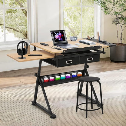 Athena Collection Drafting Table for Artists, Height Adjustable Drawing Table, Dual Desktop Art Desk Metal Frame Art Table Tiltable Craft Desk Paintings Work Station with Stool and Drawers, Natural