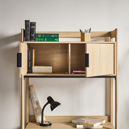 Walker Edison Modern Transitional Interior Design Reeded Desk with Hutch and Drawers, Built-in Tech, Desk with Cord Management, Storage for Small Living Spaces, 38”W x 19”D x 70”H, Coastal Oak