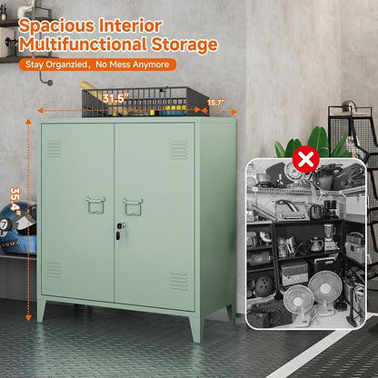 Metal Storage Cabinet Locking Storage Cabinet (Green) | With 2 Adjustable Shelves and Doors, Small Storage Cabinet for Home Warehouse Office Garage
