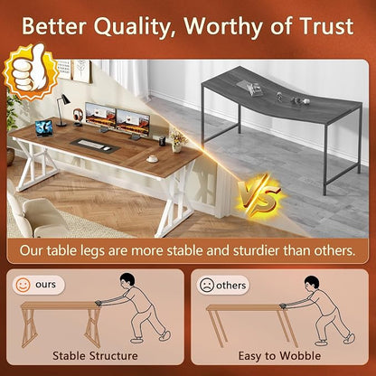 TVU Computer Desk, 63 inch Large Office Desk, Study Writing Table with Thicken Frame, Gaming Desk, Modern Simple Desk for Home Office, Brown