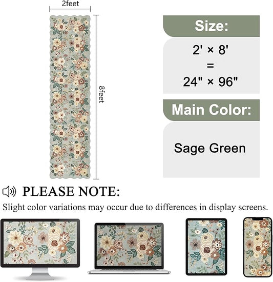 DUKINO 2x8 Washable Runner Rug, Soft Floral Hallway Rug Runner with Low Pile Design, Non Shedding & Non Slip Backing Thin Indoor Carpet for Bedroom, Bathroom, Entrance, Kitchen, Sage Green