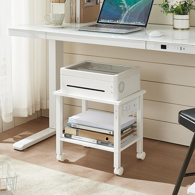 YUFAM 2 Tier Under Desk Printer Stand with Storage, Small Printer Table with Charging Station, Rolling Printer Cart Shelf with Lockable Wheels for Home, Office (White)