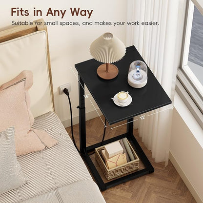 Vagusicc C Shaped End Table with Charging Station, 33"Tall C-Table End Table Adjustable Height Side Table for Couch, Couch Table That Slide Under Sofa Table TV Tray Table for Living Room,Bedroom,Black