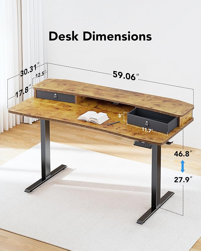 HUANUO 60″ x 30″ Electric Standing Desk with 2 Drawers, C-Clamp Mount Compatible, Height Adjustable Computer Desk, Home Office Stand Up Desk with 4 Preset Heights & 2 Hooks, Vintage Brown