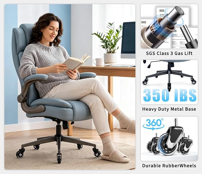Large High Back Office Chair - Adjustable Lumbar Support Flip Up Arms Heavy Duty Quiet Wheels Metal Base Breathable Bonded Leather Ergonomic Executive Computer Desk Chair with Storage Bags, Blue