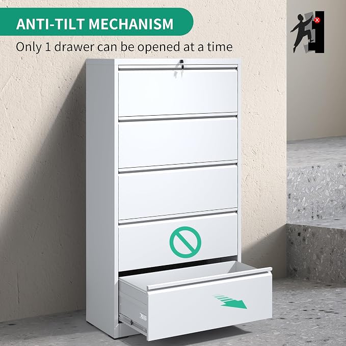 IKIMI 5 Drawer Lateral File Cabinets with Lock Office Filing Cabinet Steel Storage Cabinet Wide Horizontal Filing Metal Cabinets for Files Legal/Letter/A4 Size Assembly Required Assembly Required