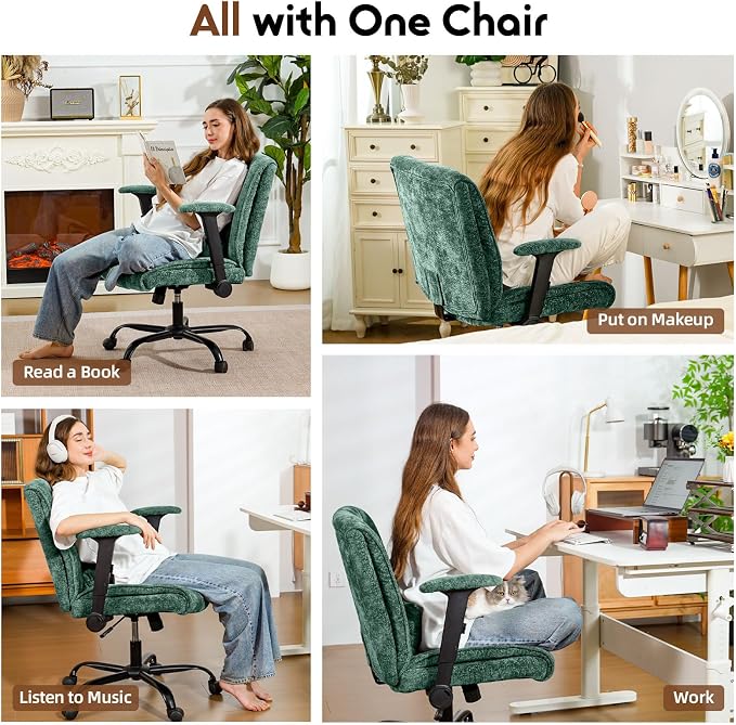 Criss Cross Chair with Wheels & Flip Arms, Wide Cross Legged Office Chair with Adjustable Tilt Criss-Cross Desk Chair with Lumbar Support for Home Office, Bedroom, Apartment Green