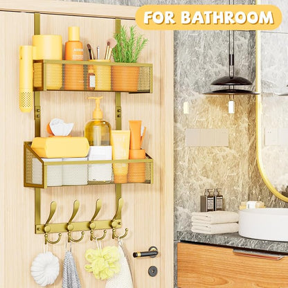 Kaiferty Over The Door Hooks Organizer, Coat Rack Over The Door Storage Hanger Towel Rack, Back of Door Storage Organizer for Bathroom,Bedroom,Kitchen,Office (Gold, 3-Tier)