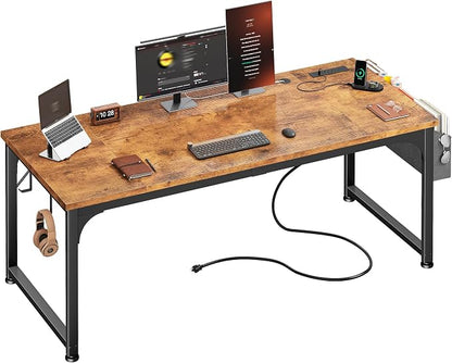 DurayLoly 63 x 24 inch Large Computer Desk, 24mm Thick Desktop with Power Outlets, RGB LED, Office Desk with Detachable Stand, 150LBS Heavy Duty, Spacious Desk for Multi-Tasking Workers, Brown